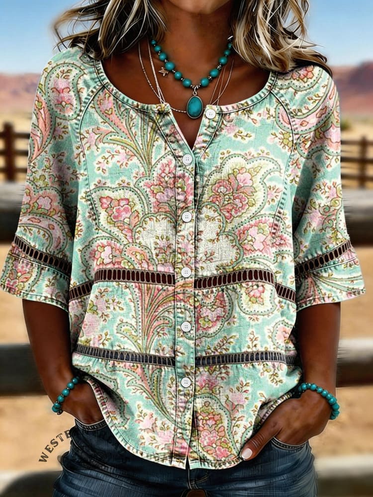 Women's Vintage Floral Print Casual Hollow-Out Denim Shirt