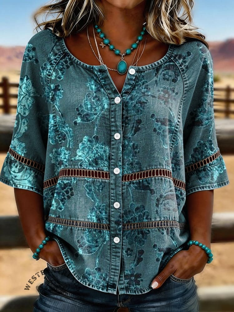 Women's Vintage Floral Print Casual Hollow-Out Denim Shirt