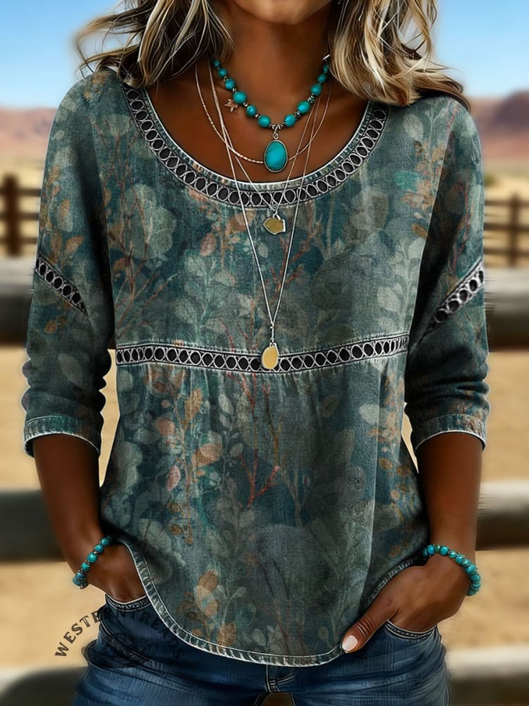 Women's Vintage Floral Print Casual Hollow Lace Denim Shirt