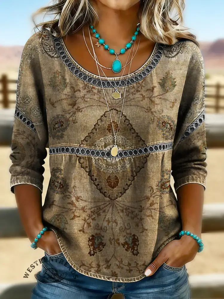 Women's Vintage Floral Print Casual Short Sleeves Denim Shirt