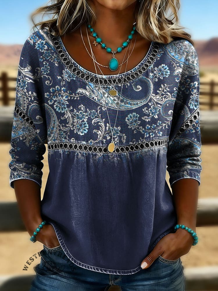 Women's Vintage Paisley Print Casual Hollow Lace Denim Shirt