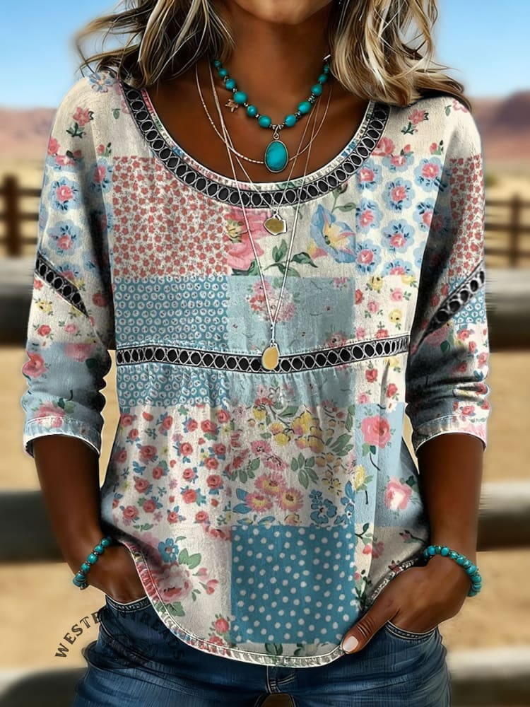 Women's Vintage Floral Print Casual Hollow Lace Denim Shirt