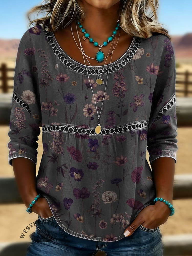 Women's Vintage Floral Print Casual Hollow Lace Denim Shirt