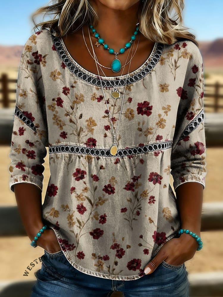 Women's Vintage Floral Print Casual 3/4 Sleeves Hollow-Out Denim Shirt