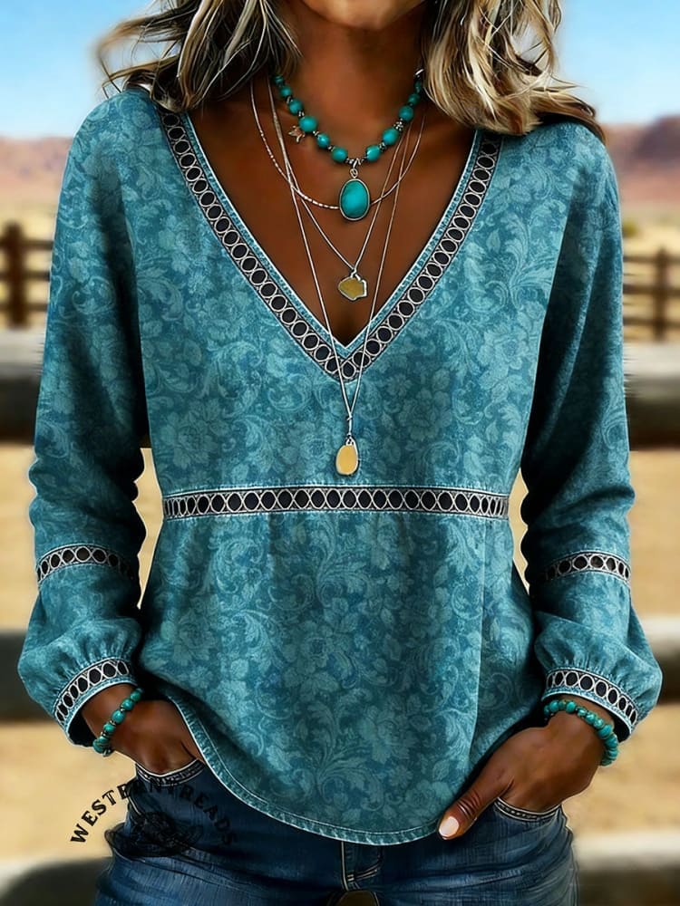 Women's Vintage Floral Print Casual Hollow-Out Denim Shirt - Image 3