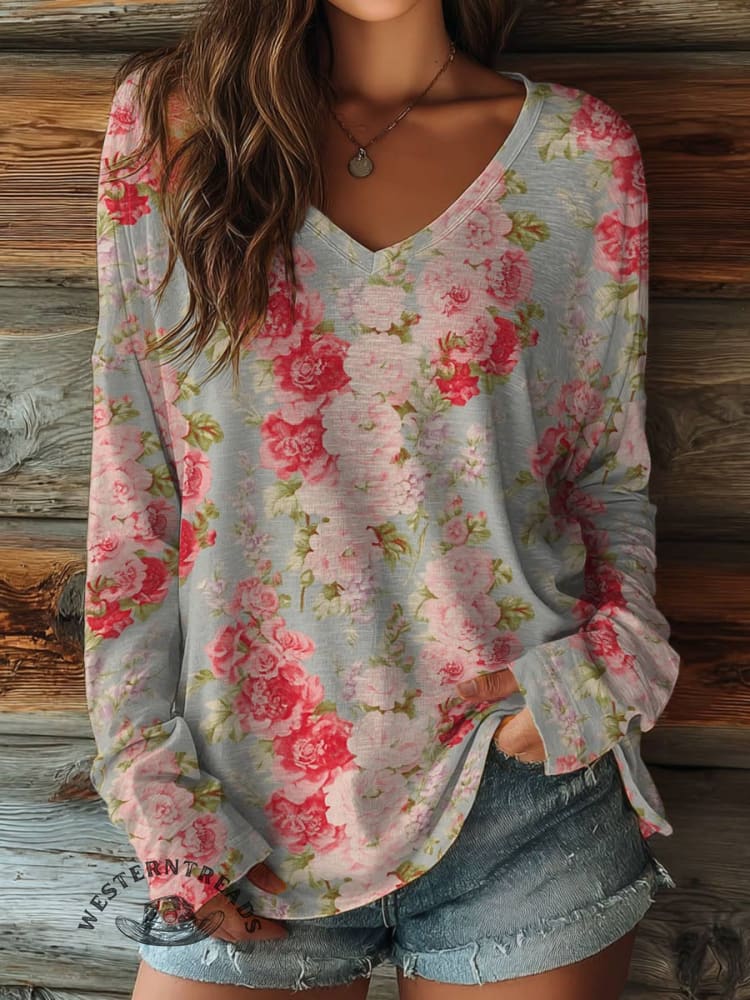 100% Cotton🍃Women's Vintage Floral Print Casual V-neck Long Sleeve T-shirt