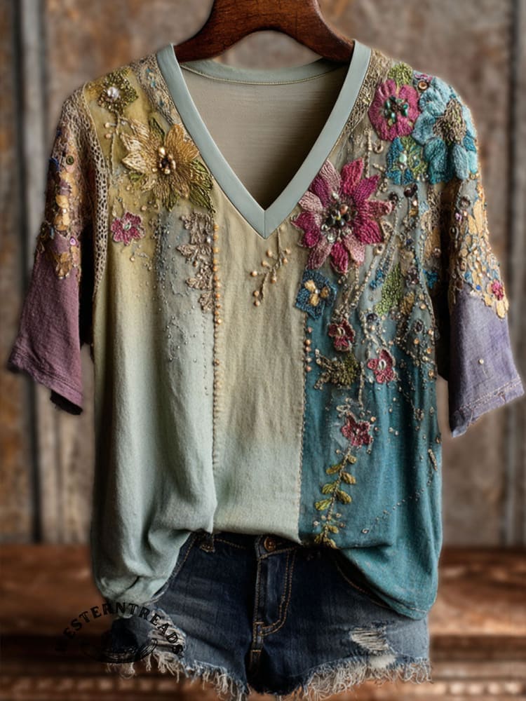 Vintage Floral Art Print Casual Short Sleeve T-shirt - Image 2