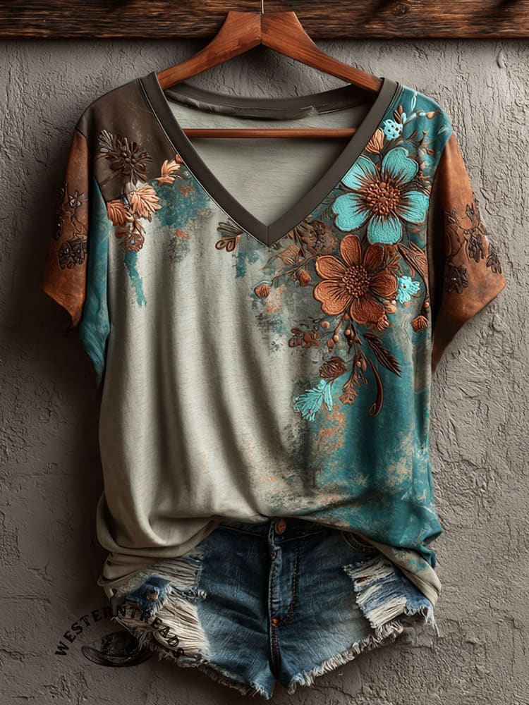 Vintage Floral Print Casual Short Sleeve T-shirt - Image 2
