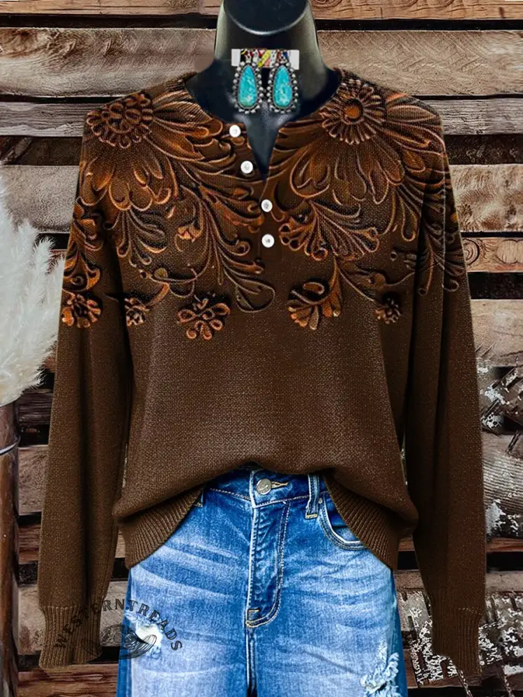 Women's Vintage Floral Print Henley Neck Sweater Top