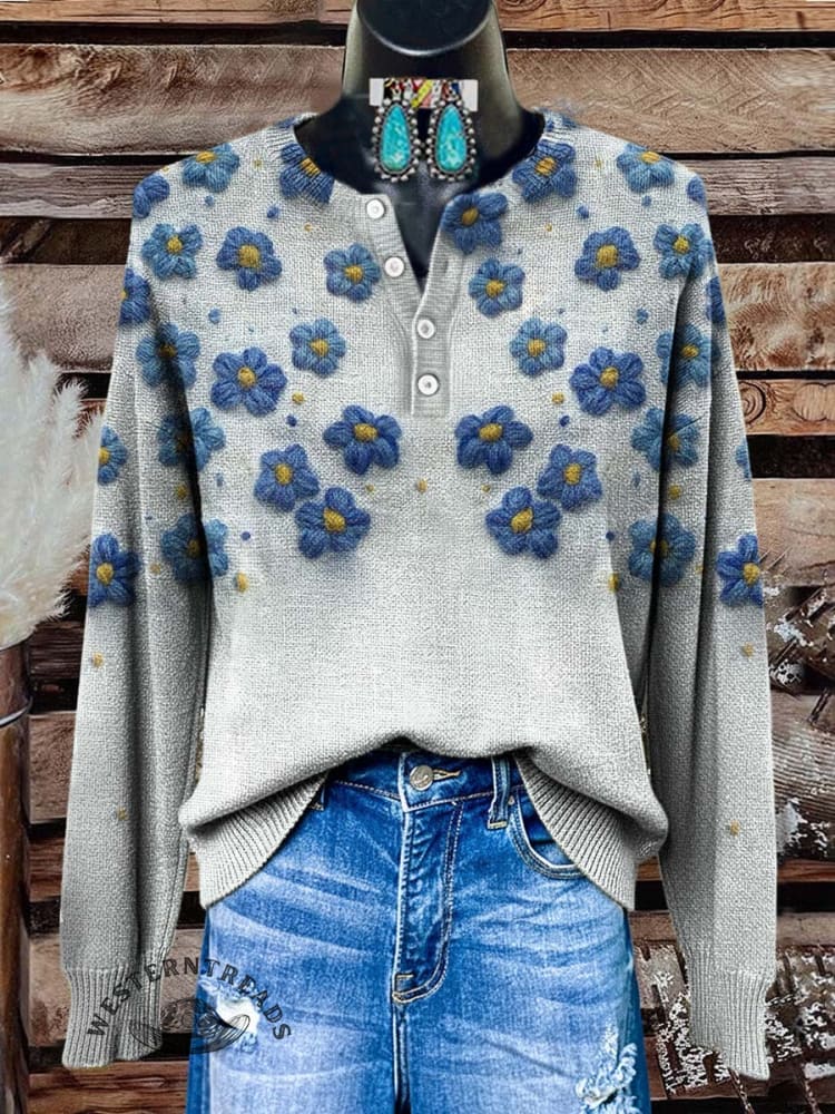 Women's Vintage Floral Print Henley Neck Sweater Top