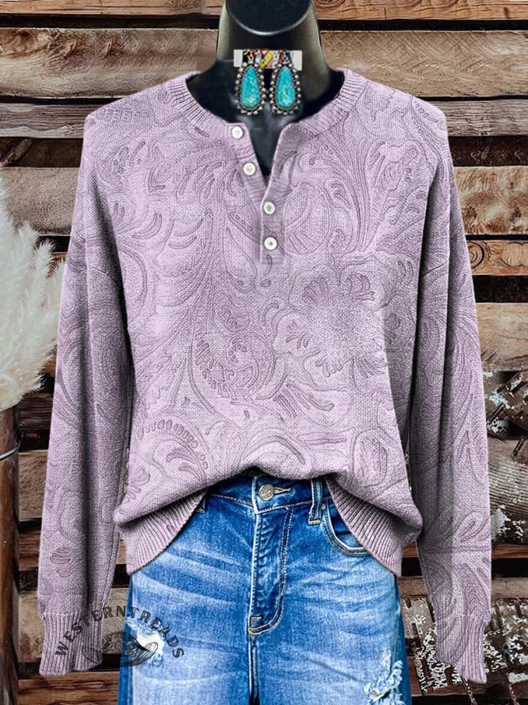 Women's Vintage Floral Print Henley Neck Sweater Top