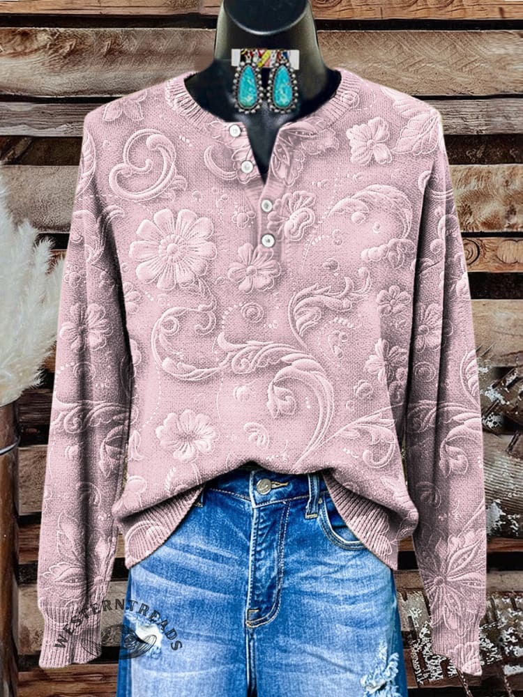 Women's Vintage Floral Print Henley Neck Sweater Top - Image 2