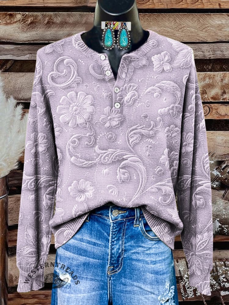 Women's Vintage Floral Print Henley Neck Sweater Top - Image 3