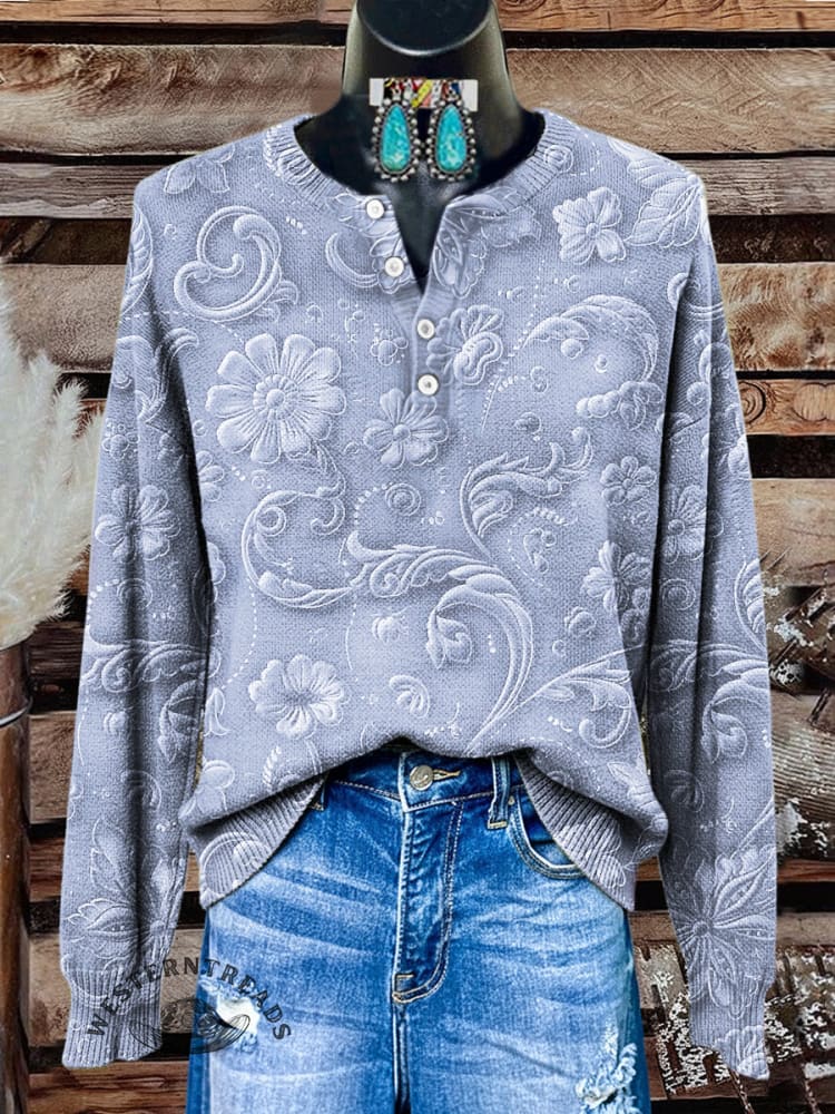 Women's Vintage Floral Print Henley Neck Sweater Top - Image 4