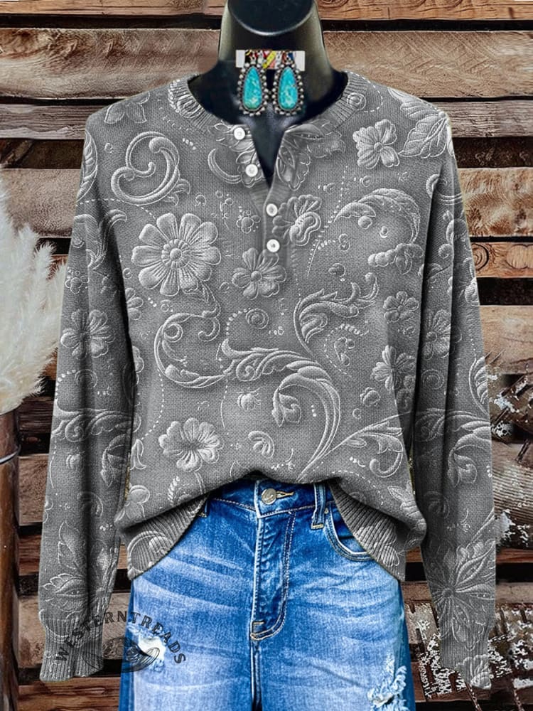 Women's Vintage Floral Print Henley Neck Sweater Top - Image 6