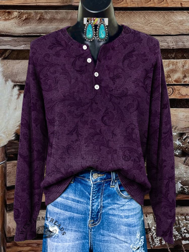 Women's Vintage Floral Print Henley Neck Sweater Top - Image 2