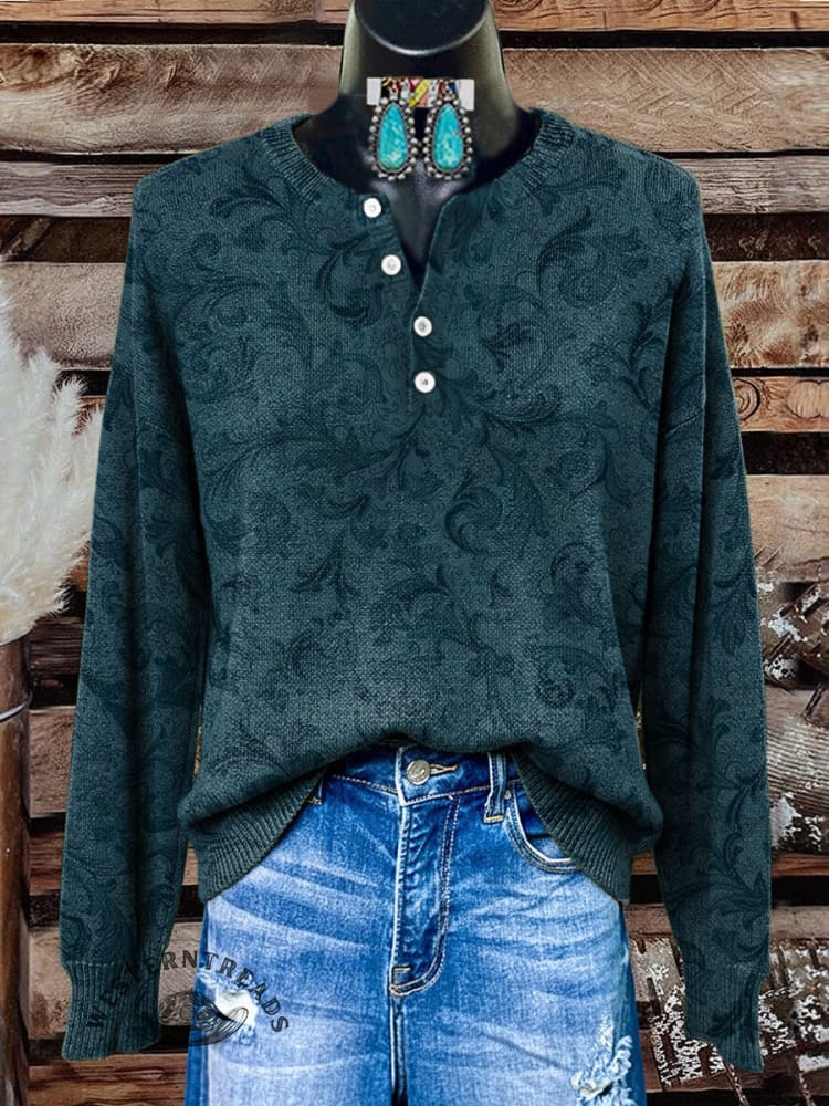 Women's Vintage Floral Print Henley Neck Sweater Top - Image 3