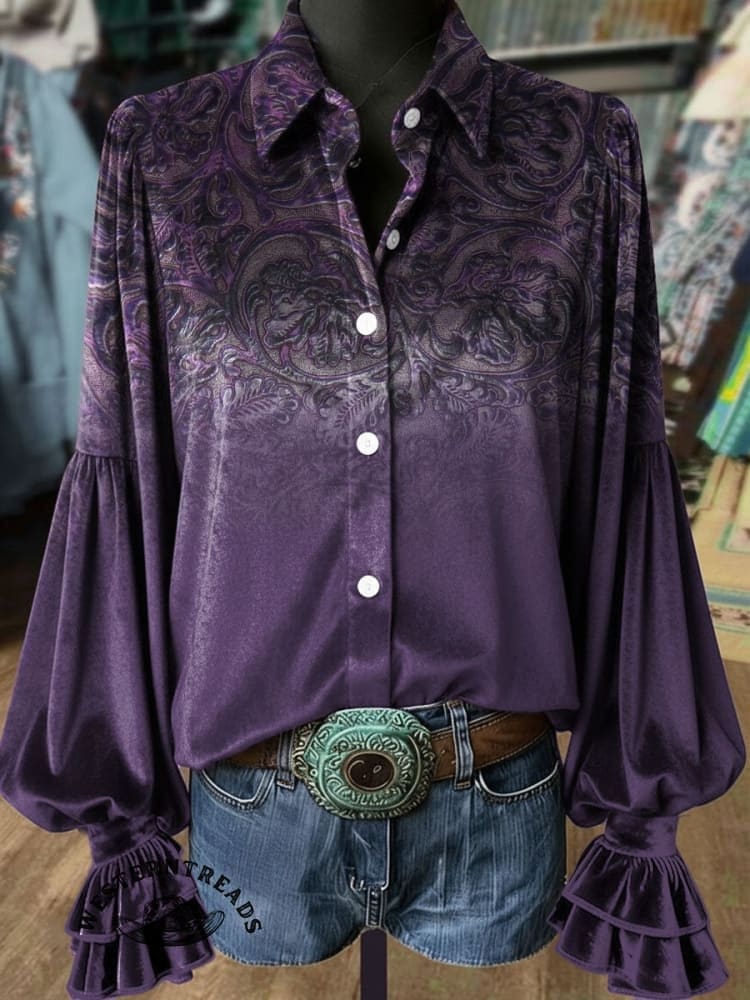 Women's Vintage Floral Print Henley Neck Sweater Top - Image 3