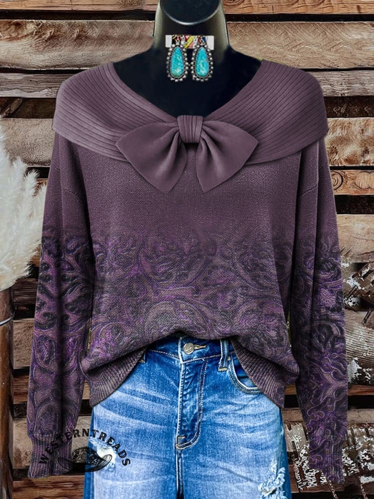Women's Vintage Floral Print Henley Neck Sweater Top - Image 6