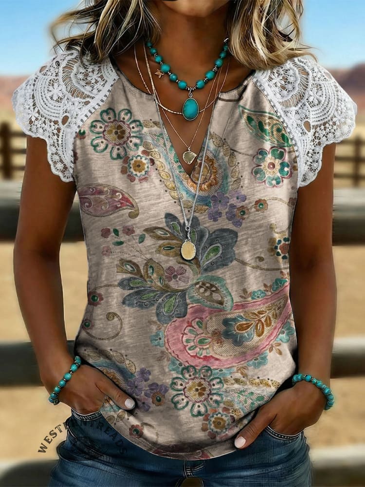 Women's Vintage Floral Print Lace Patchwork Top
