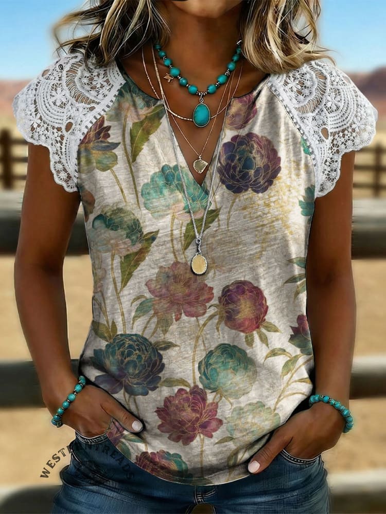 Women's Vintage Floral Print Lace Patchwork Top
