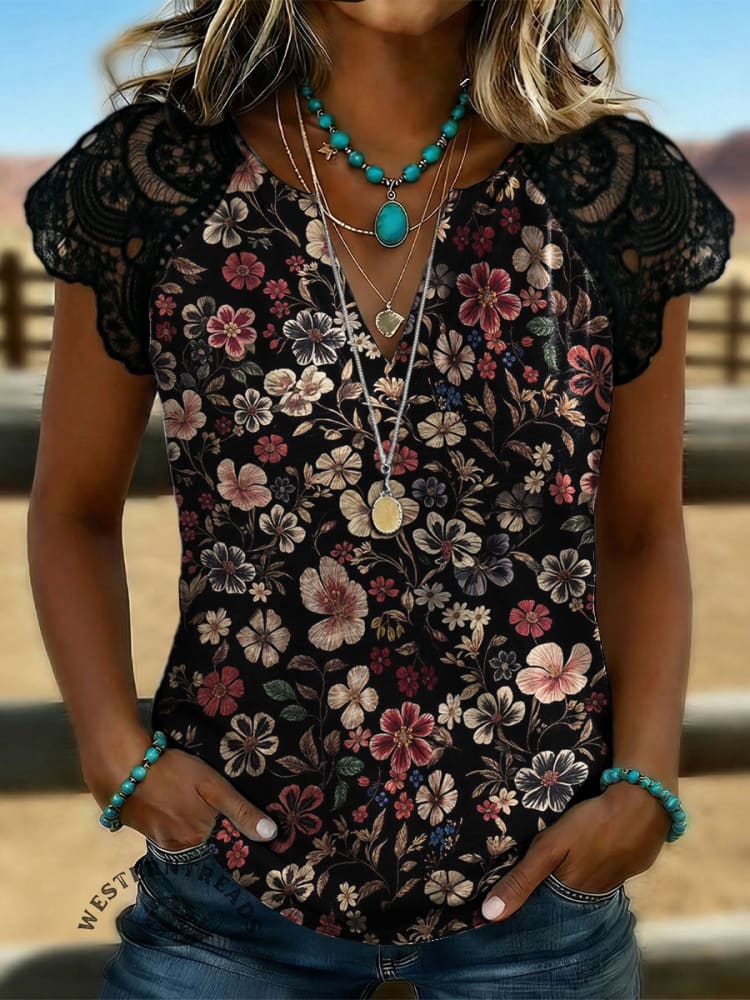 Women's Vintage Floral Print Lace Patchwork Top