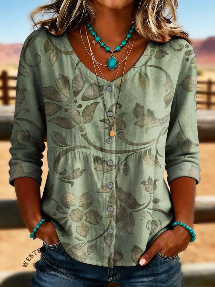 Women's Vintage Floral Print Linen And Cotton Shirt