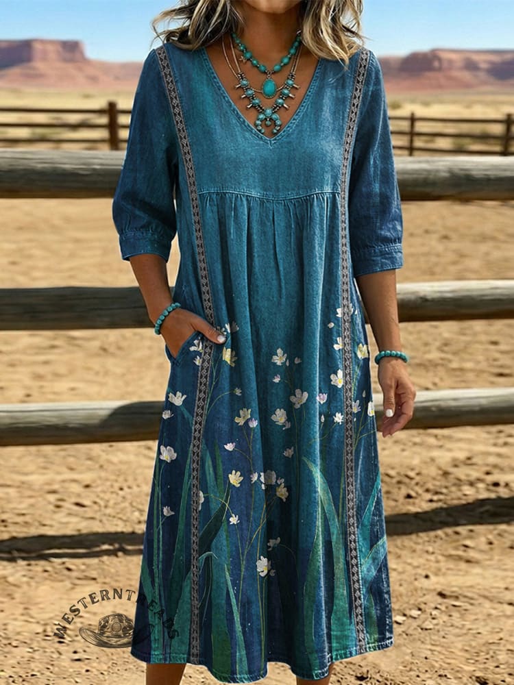 Women's Vintage Floral Print V-Neck Hollow Denim Dress
