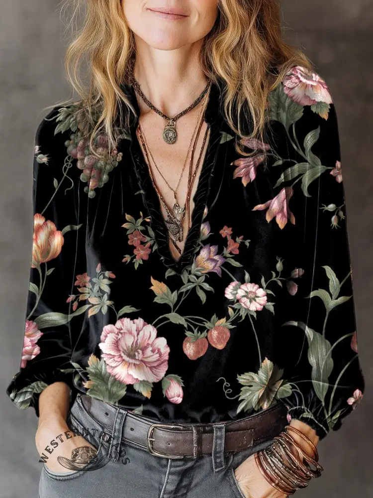 Women's Vintage Floral Velvet Long-Sleeved Blouse