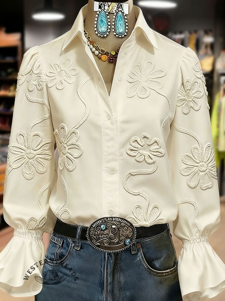 Women's Vintage Flower Print Casual Cotton Shirt - Image 3