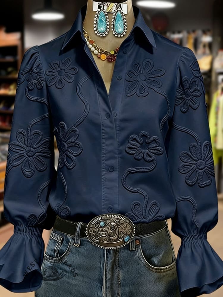 Women's Vintage Flower Print Casual Cotton Shirt - Image 4