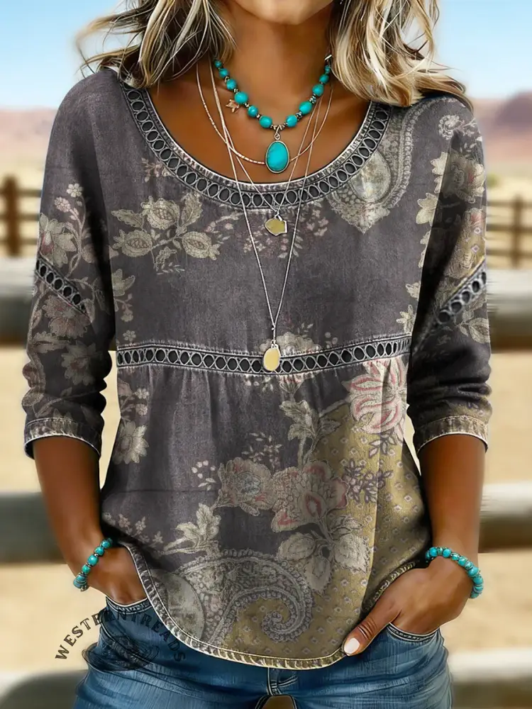 Women's Vintage Flower Visual Print Casual Hollow Denim Shirt