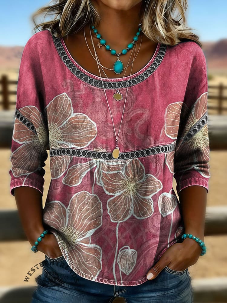 Women's Vintage Flowers Print Casual 3/4 Sleeves Hollow Denim Shirt