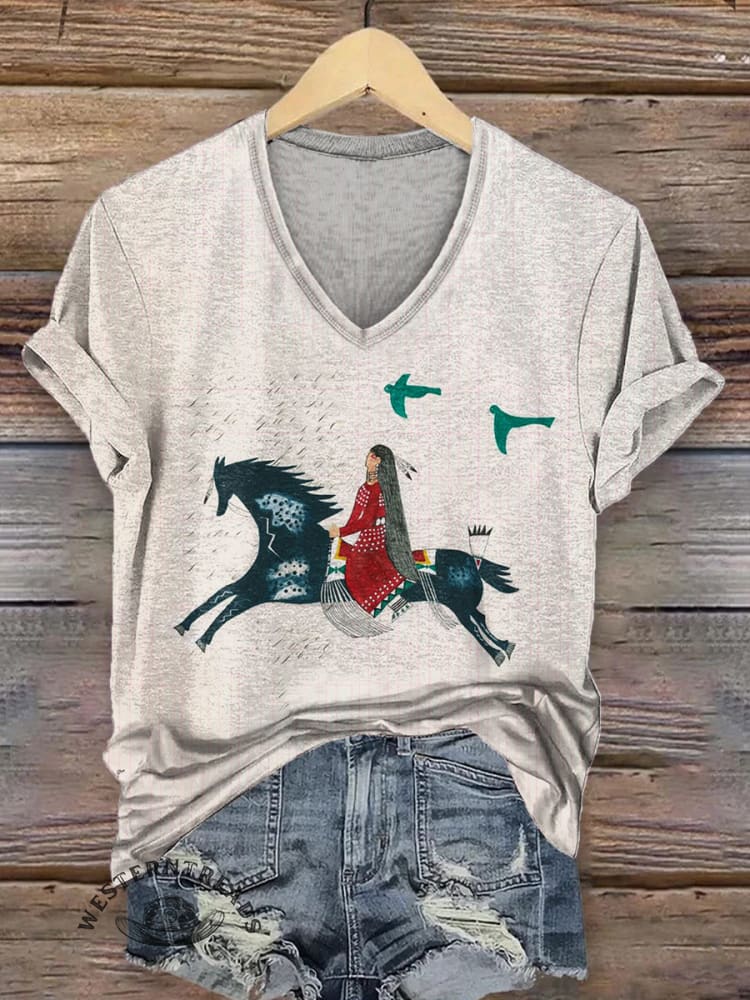 Women's Vintage Horse Art Print V-neck Casual T-Shirt