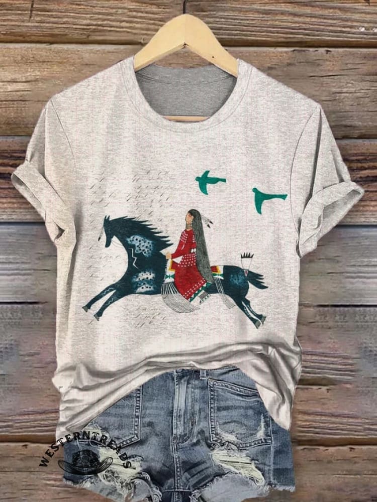 Women's Vintage Horse Art Print V-neck Casual T-Shirt - Image 2