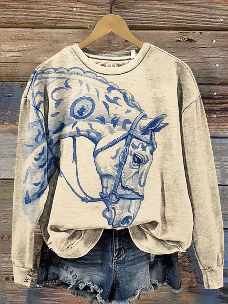 Women's Vintage Horse Print Casual Sweatshirt