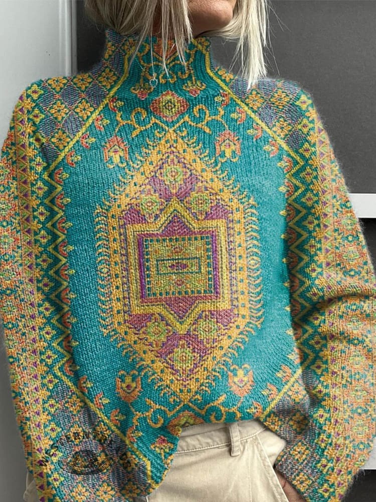 Women's Vintage Lovely Floral Art Print Knit Turtleneck Pullover Sweater - Image 2