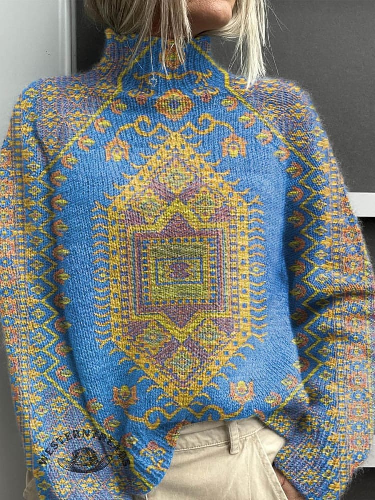 Women's Vintage Lovely Floral Art Print Knit Turtleneck Pullover Sweater - Image 3