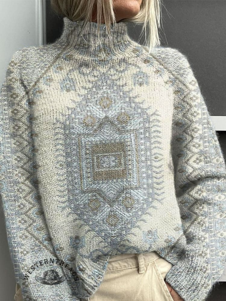 Women's Vintage Lovely Floral Art Print Knit Turtleneck Pullover Sweater - Image 6
