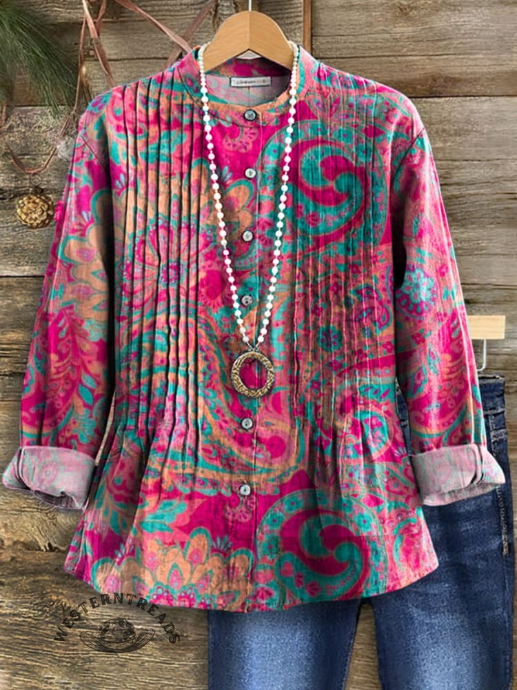 Women's Vintage Paisley Print Casual Cotton And Linen Shirt