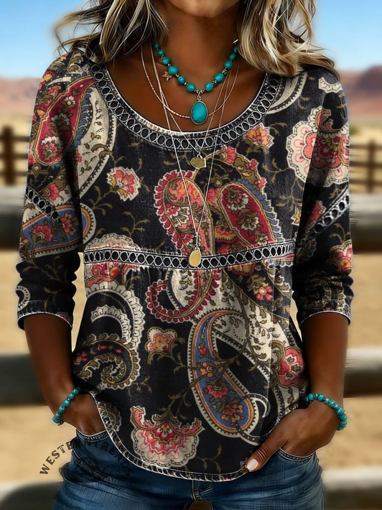 Women's Vintage Paisley Print Casual Hollow Denim Shirt