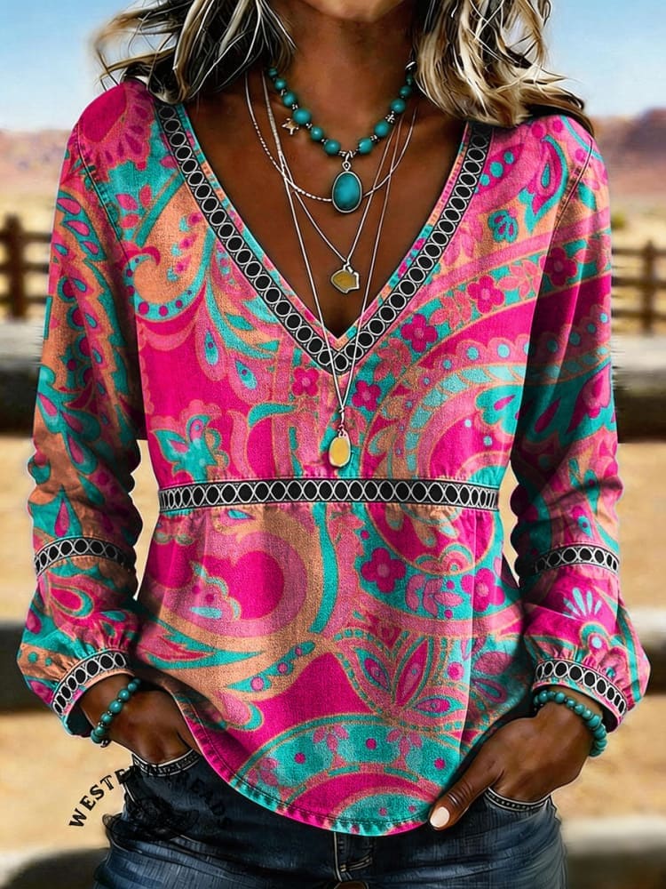 Women's Vintage Paisley Print V-Neck Long Sleeve Hollow Denim Shirt