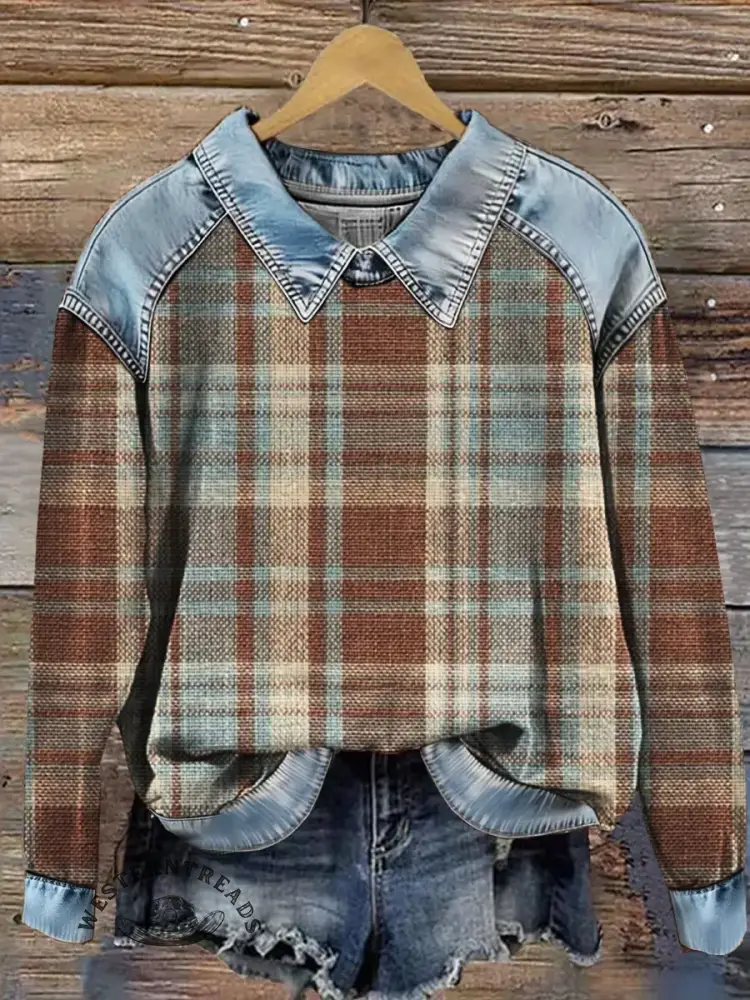 Women's Vintage Plaid Print Casual Denim Patchwork Sweatshirt