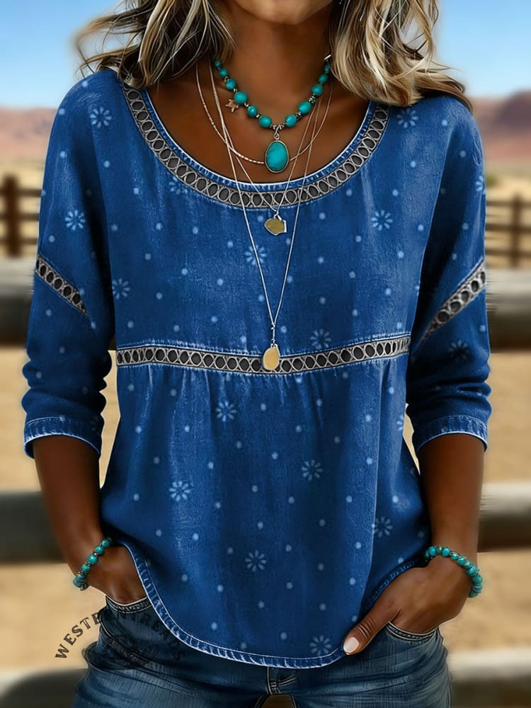 Women's Vintage Print Casual Hollow Denim Shirt