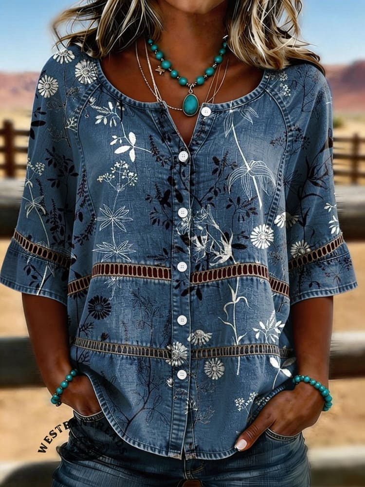 Women's Vintage Print Casual Hollow Denim Shirt - Image 2