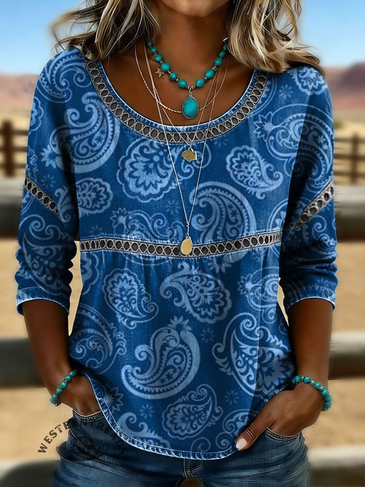 Women's Vintage Print Casual Hollow Denim Shirt
