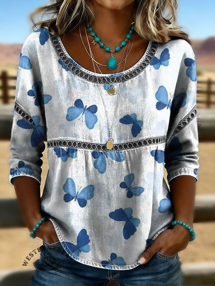 Women's Vintage Print Casual Hollow Denim Shirt