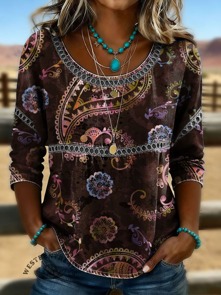 Women's Vintage Print Casual 3/4 Sleeves Hollow Denim Shirt