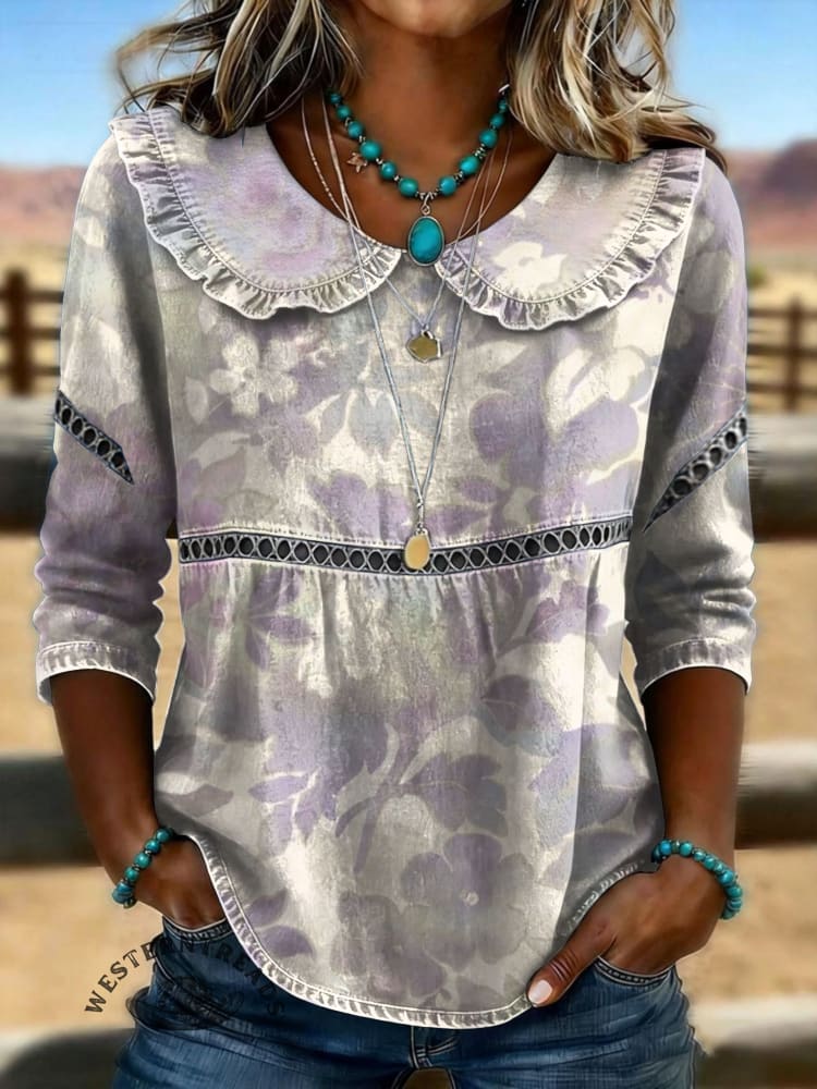 Women's Vintage Print Casual 3/4 Sleeves Hollow Denim Shirt