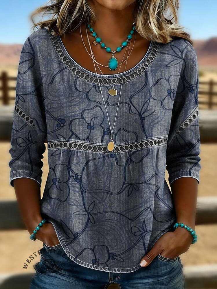 Women's Vintage Print Casual Hollow Denim Shirt
